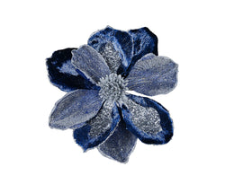 Dark Blue With Silver Glitter Magnolia Decorative Christmas Flower Pick