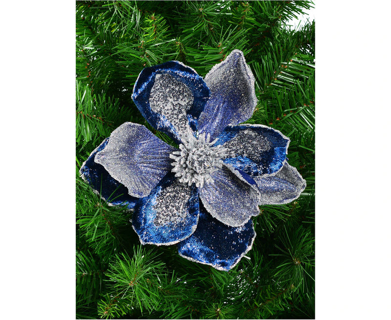 Dark Blue With Silver Glitter Magnolia Decorative Christmas Flower Pick