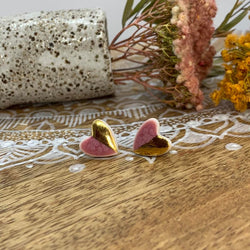 Pink and Gold Hearts - Stud Earrings